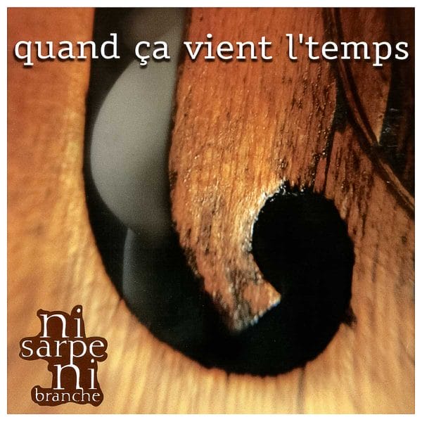 Un violon avec les mots « Ni Sarpe ni branche - Quand ça vient l'temps », propriété d'Éric Beaudry.