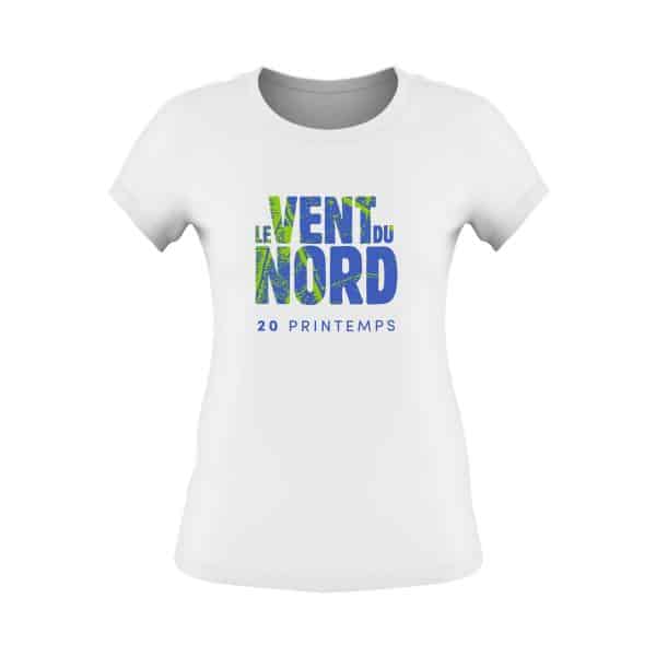 A white T-Shirt Women - Le Vent du Nord / 20 PRINTEMPS with the words "vent du nord" in blue and green.
