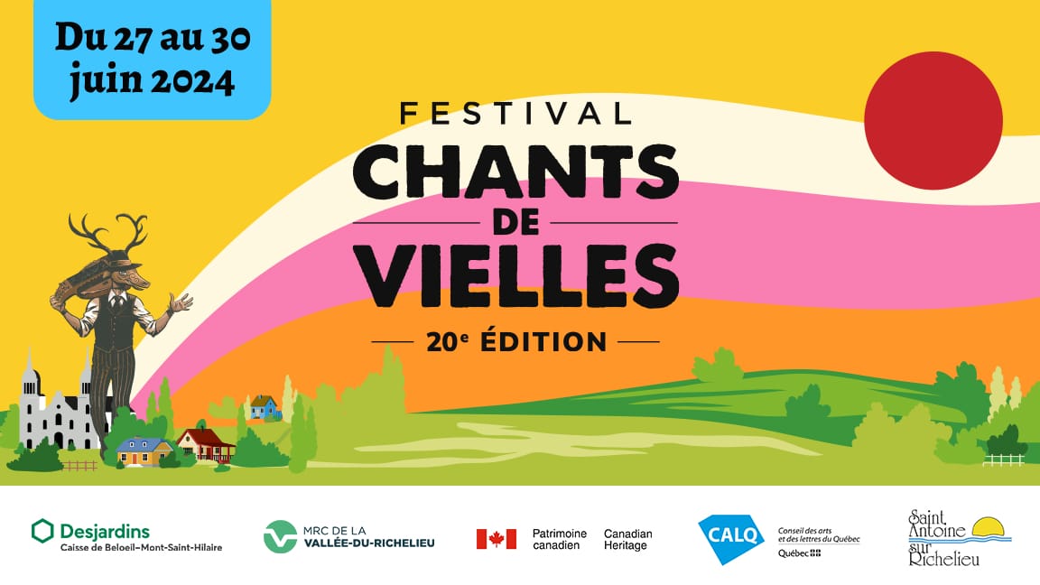 Graphique de la 20e édition du festival chants de vielles du 27 au 30 juin 2024, mettant en vedette un musicien fantaisiste avec un château et les logos.